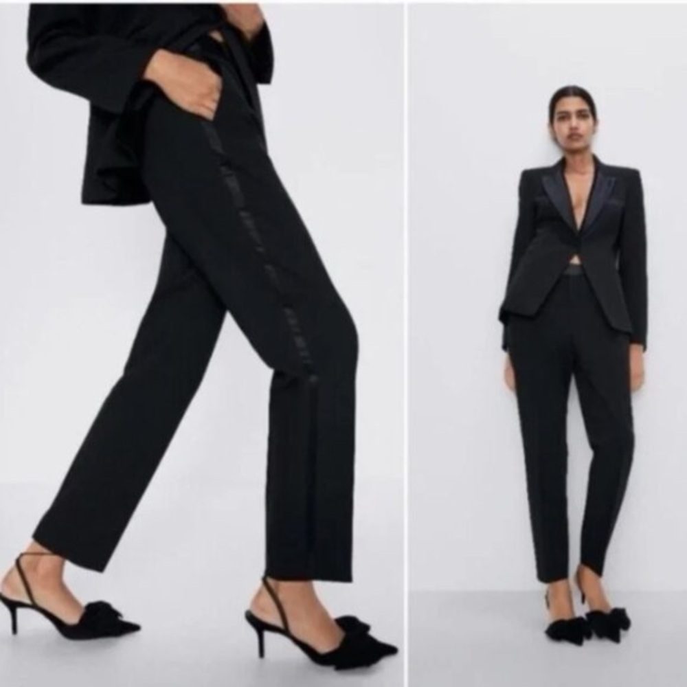 Zara Mid-Rise Elegant Black Women's Satin Striped Tuxedo Pants